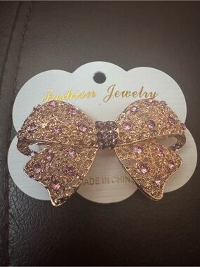 NWT Rose Gold Filigree Bow Hair Clip with Pink Rhinestones